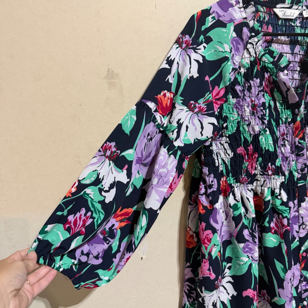 Caffe Marrakesh Floral Smocked Tunic Top Navy Purple Green Size M - Picture 3 of 7